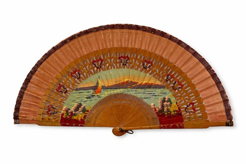 Antique Wooden Brise Folding Hand Fan Silk Ribbon Hand Painted Seascape Sailboat