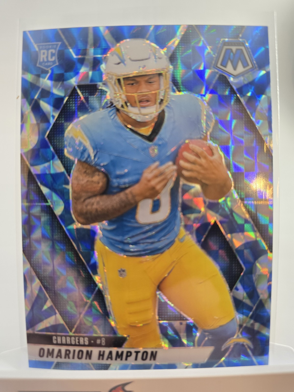 2025 Panini Mosaic Omarion Hampton #335 Blue Reactive Prizm (RC) Chargers
