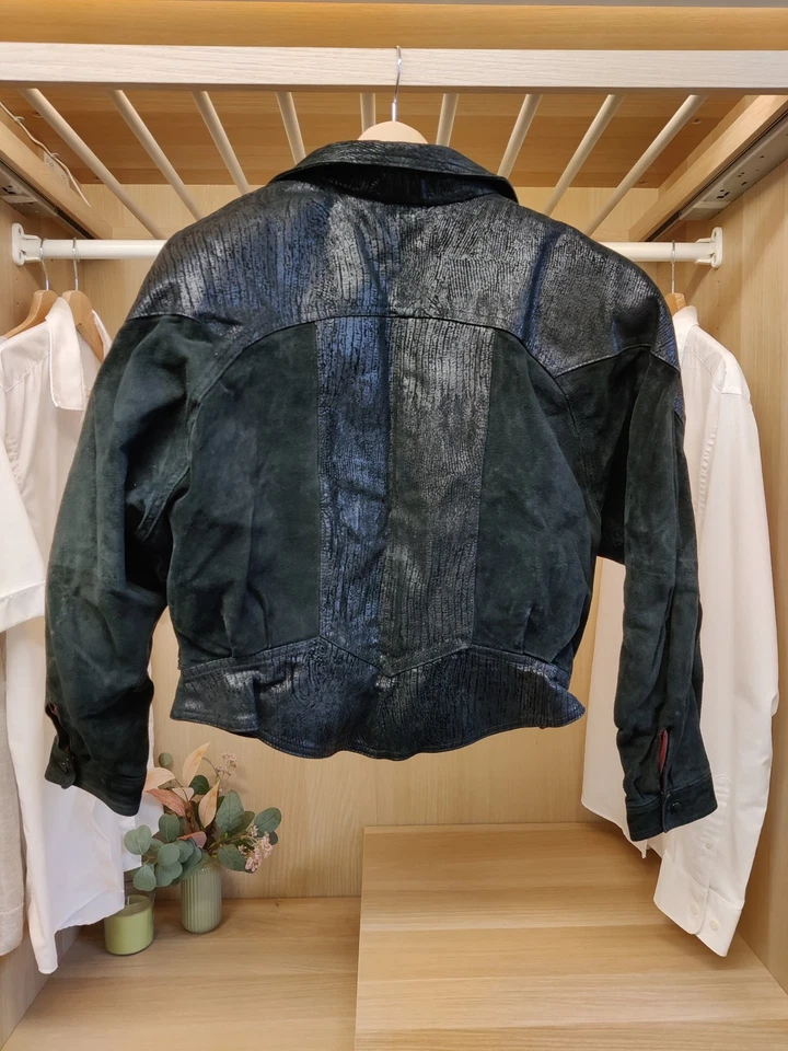 VINTAGE BERMANS LARGE BLACK COAT JACKET LEATHER 80'S CROPPED POPPER UK 14 - Image 2 of 4