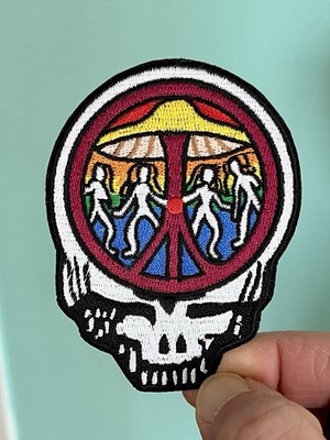 Grateful Dead Iron on Patch Skull Mushroom Yellow Purple White Black Embroidered