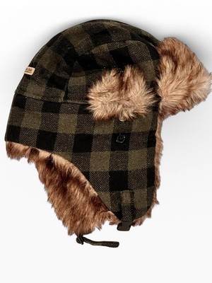 Dakota Dan Green/Black Buffalo Plaid Quilted Winter Hat Ear Flaps Faur Fur A-8