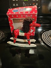 Vtg Wooden Rocking Horse Christmas Ornament Painted White Red Green Wood W/Box