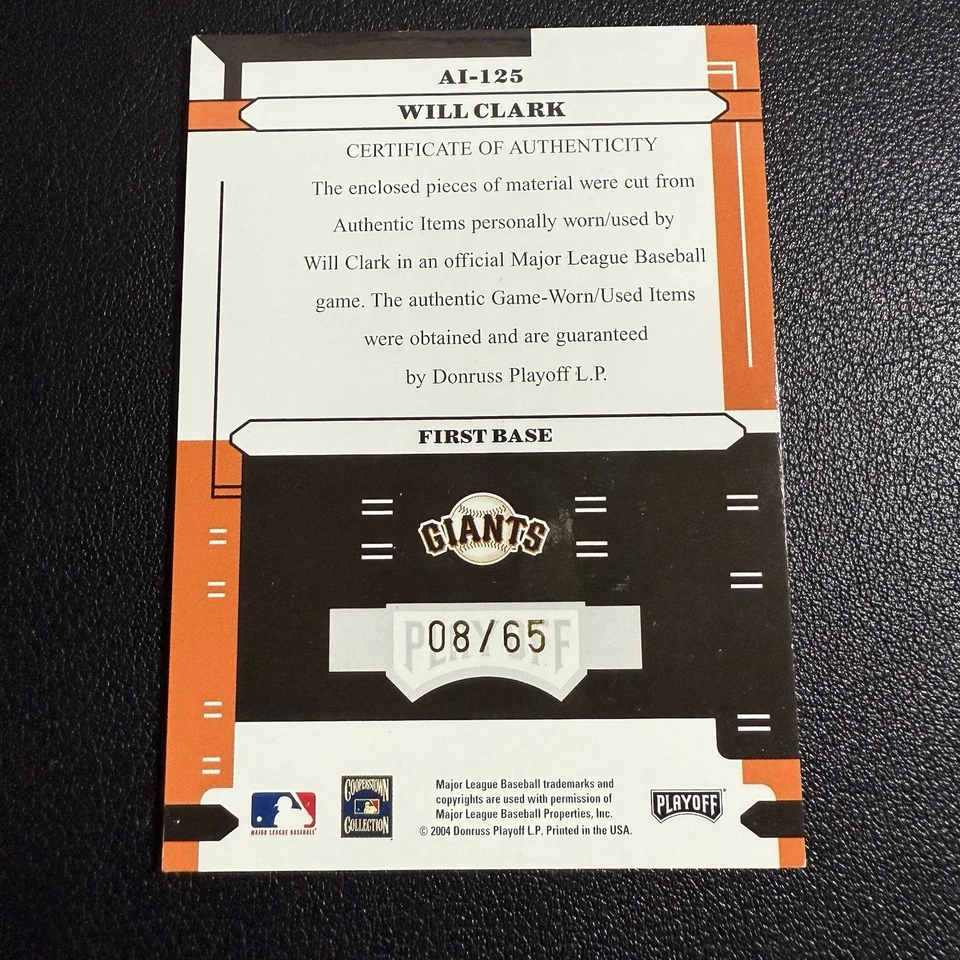 Absolute Memorabilia Will Clark Giants 2004 camiseta automática y juego de bate usado 08/65 Foto 2 de 2