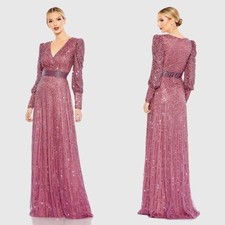 NEW NWT Mac Duggal Sequined Wrap Over Bishop Sleeve Maxi Gown In Mauve SIZE 18