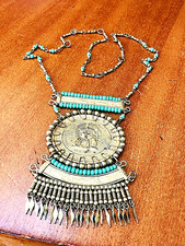  Vtg. CULTURA ZAPOTECA Mexico Necklace Brass, Turquoise Glass Beads, Intricate