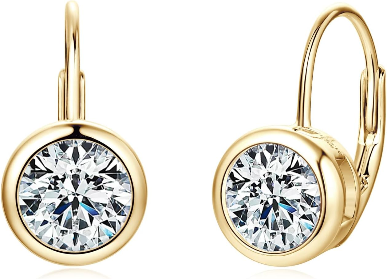Moissanite Hoop Earrings, 925 Sterling Silver Hypoallergenic Bezel Set Leverback
