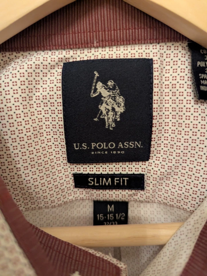 美国 Polo Assn. 男式修身正装衬衫 M 米色红色微型印花纽扣 — 第 2/4 张图片