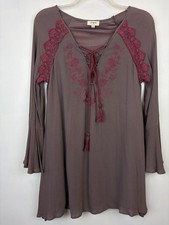 Umgee Dress Women Medium Boho Brown Hippie Bell Sleeves Embroidered