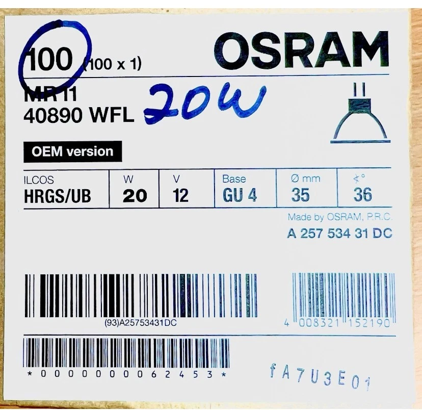 OSRAM DULUX MR11 40890 WFL 20W 12V GU 4 (100 Pack) - Image 2 of 4