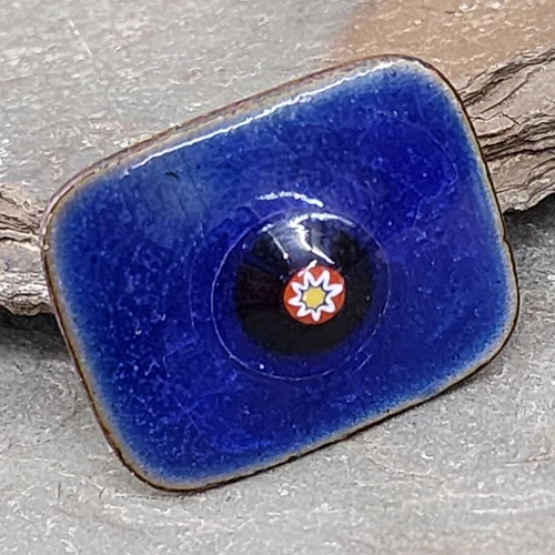 Neat Copper Estate Brooch Rectangle Cobalt Blue Enameled Flower Blister Pin