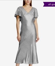 RALPH LAUREN Womens Silver Short Sleeve V Neck Midi Evening Sheath Dress SZ 2