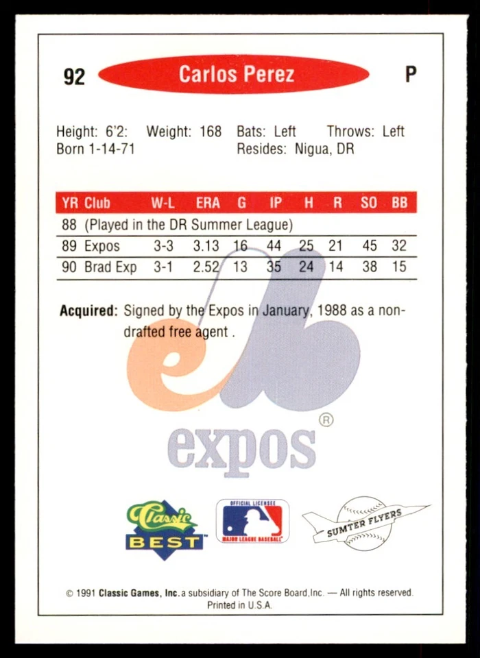 1991 Classic Best Minor League Carlos Perez Baseball Cards #92 - Image 2 of 2