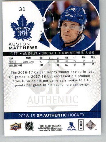 2018-19 SP Authentic #31 Auston Matthews Toronto Maple Leafs V93404 - Picture 2 of 2