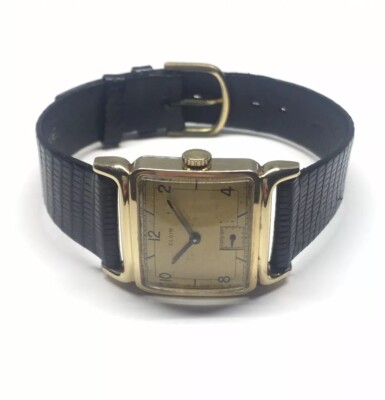 Elgin Mens 10k GF Watch Vintage 1945 Blue Steel Hands Horn Lugs