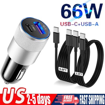 65W Fast Type-C +USB Car Charger Type-C Cable For iPhone 16e 16 15 14 13 Pro Max