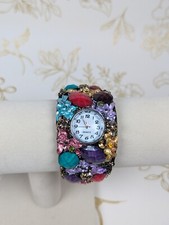 Vintage Watch Colorful Rhinestone Bracelet Cuff Multi Colored Stretch Adjustable