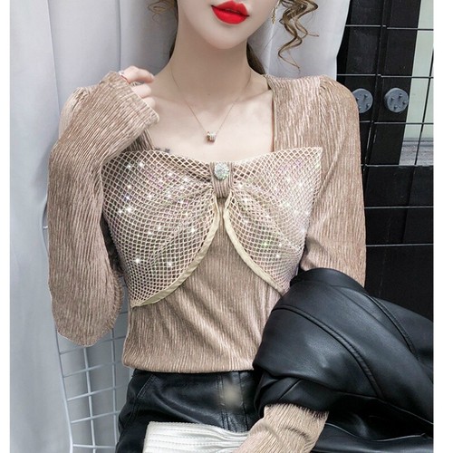 Lady Square Neck Lace Glitter Shirt Tops with Bow Retro Style Slim Blouse  Fairy | eBay
