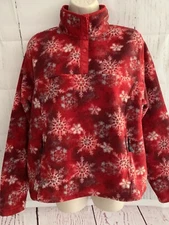 L.L. Bean M Fleece Pullover Snap T-Neck Jacket Shirt Red Snowflake Zip Pockets