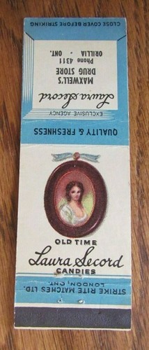 LAURA SECORD CHOCOLATES MATCHBOOK COVER: MAXWELL'S DRUG STORE (ORILIA ONTARIO) D