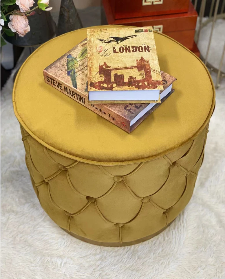 Handmade Velvet Ottomans/ footstool with Gold Metal Base - Deep Yellow - image 4 of 4