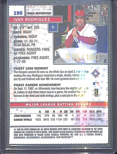1999 Topps Finest Diecut Gold Refractor #195 Ivan Rodriguez No 36 of 100 - Picture 2 of 2