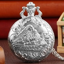 Silver Pocket Watch Steamtrain Locomotive Quartz Movement Necklace Chain Watches