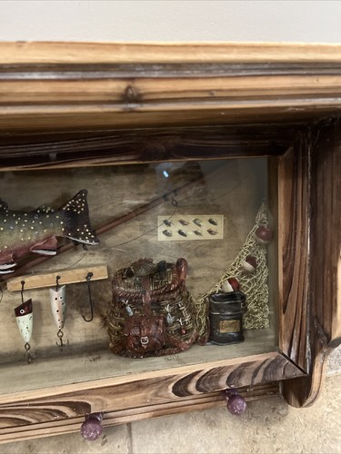Fishing Themed Shadow Box Wooden Wall Shelf 24” L X 6” W X 13” H - Picture 4 of 24