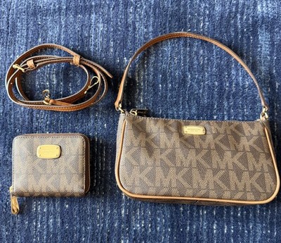 Michael Kors Jet Set Brown Signature Logo Convertible Crossbody Bag & Wallet Set