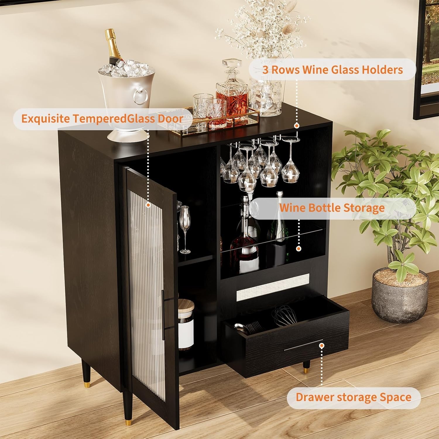 Wine Bar Liquor Cabinet w/ Wine Glass Rack Door Display Drawer Buffet Sideboard