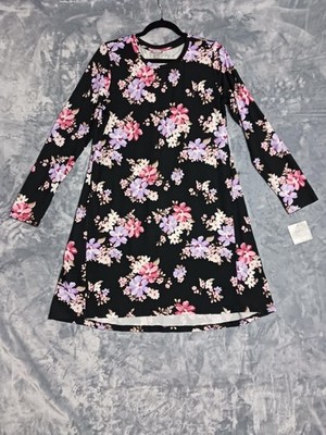Falls Creek Dress Womens Large Black Floral Crewneck Swing Long Sleeve  Casual | eBay