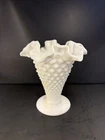 Vintage Fenton White Milk Glass Hobnail Trumpet Vase with Ruffled Edges - 6 Inch