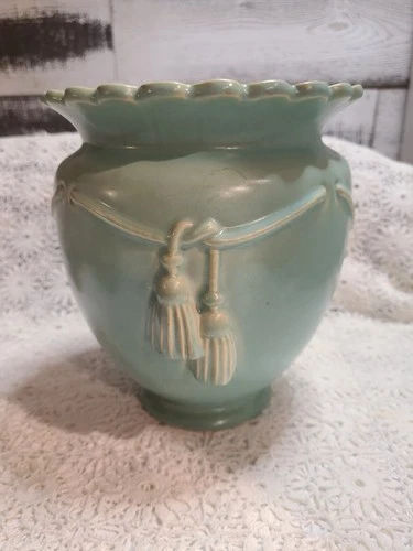 1933 Weller Darcy Aqua Blue Art Pottery 8" Cord & Tassel Urn