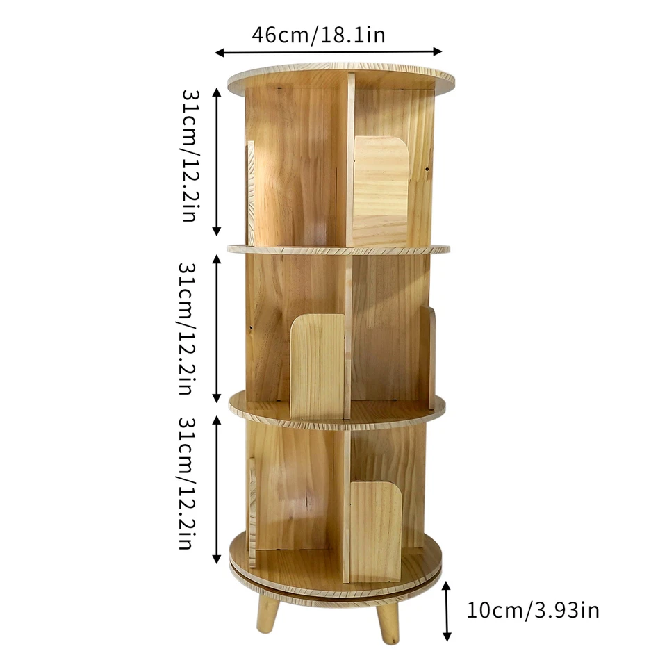 3 Tier Rotating Bookshelf Organize 360 Display Floor Standing Pine Wood Bookcase - Image 4 of 4