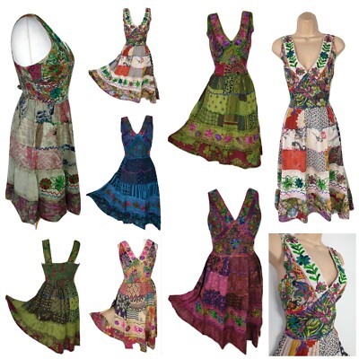 Übergröße Patchwork Kleid knielang bestickt gesmokter Rücken One Size 18 20 22