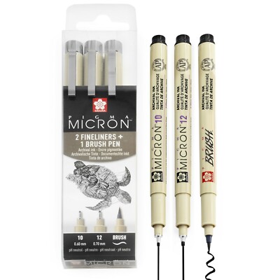 Sakura Pigma Micron - Pigment Fineliner Stifte - 10/12/Pinsel - 3er-Geldbörse - schwarz