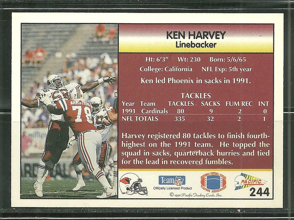 1992 PACIFIC FOOTBALL KEN HARVEY #244 - Image 2 of 2