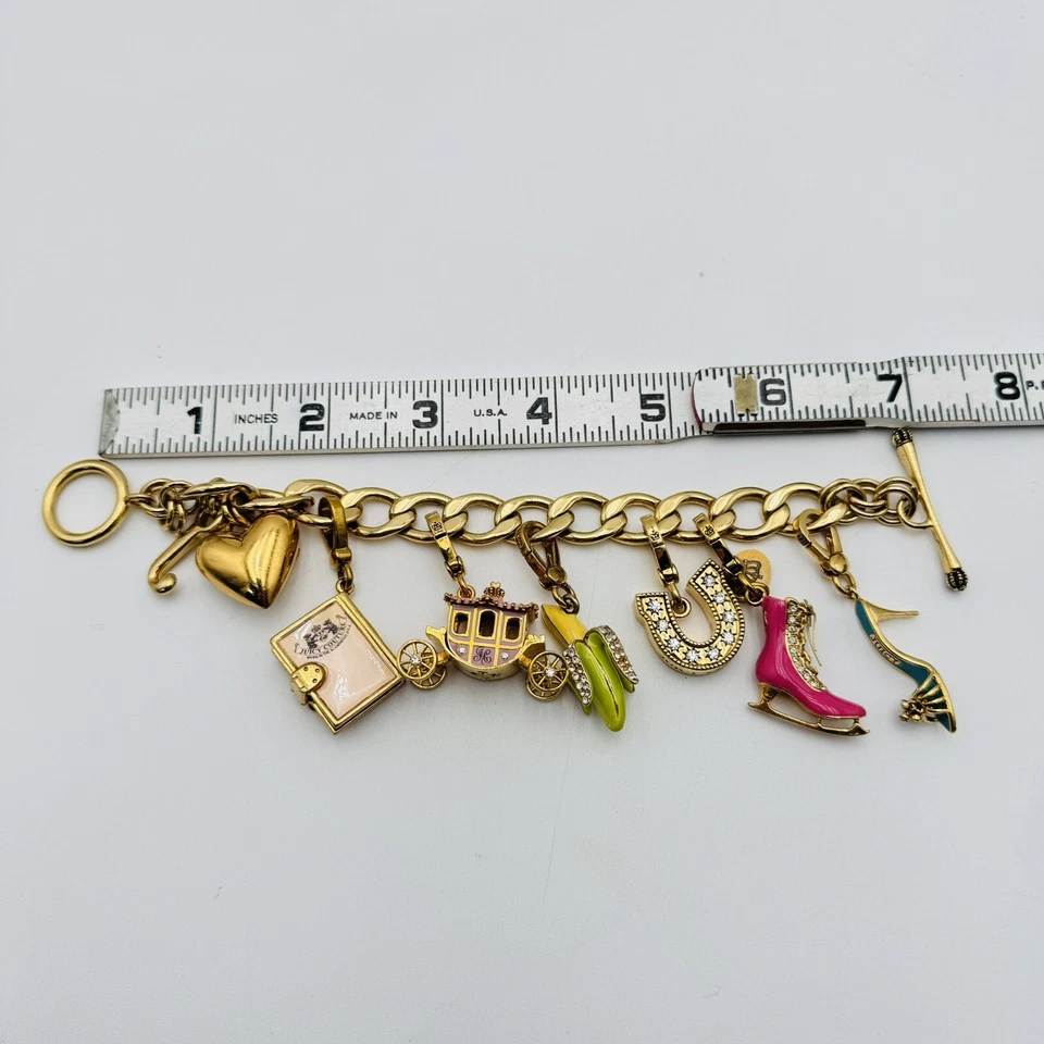 Juicy Couture Gold Charm Bracelet Diary Carriage Heart J U Banana Skate Heel Y2K - Image 2 of 4