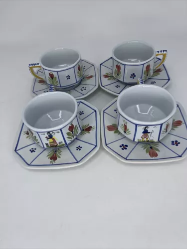 Vintage Henriot Quimper Man & Woman Cups & Saucers - Set of 4