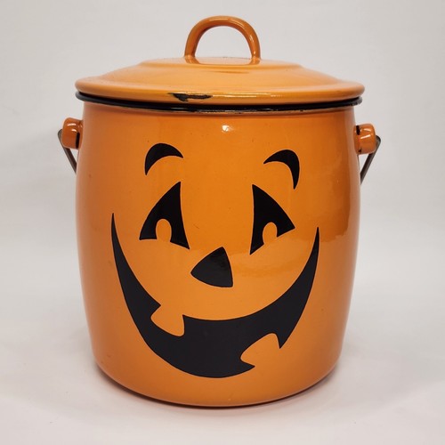 Hallmark Pumpkin Pail Bucket Enamel Fall Holloween Trick Or Treat Jack-O-Lantern