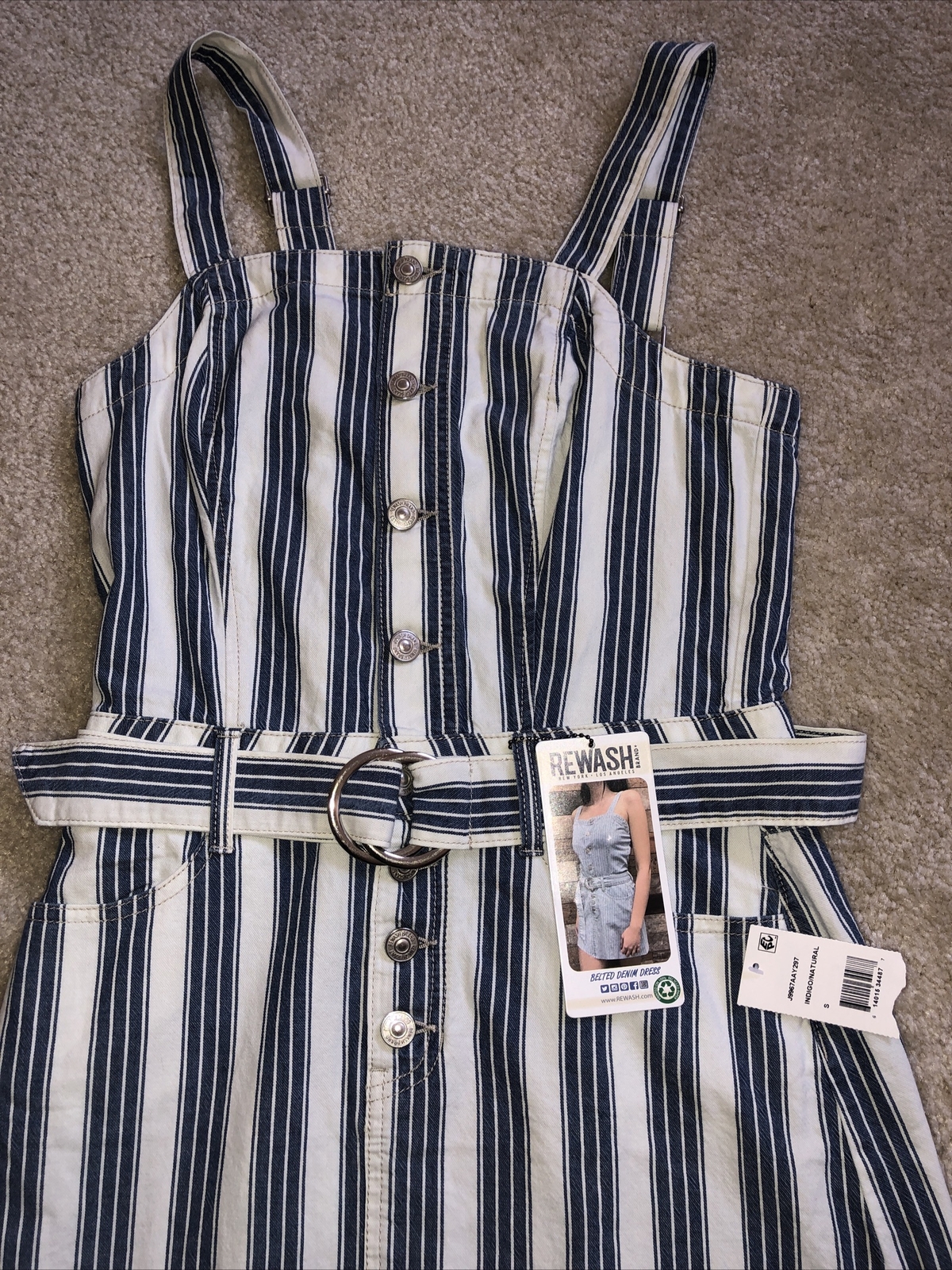 REWASH Denim Dress Jumper Overall Style Button Down Striped Belted Size S NWT
