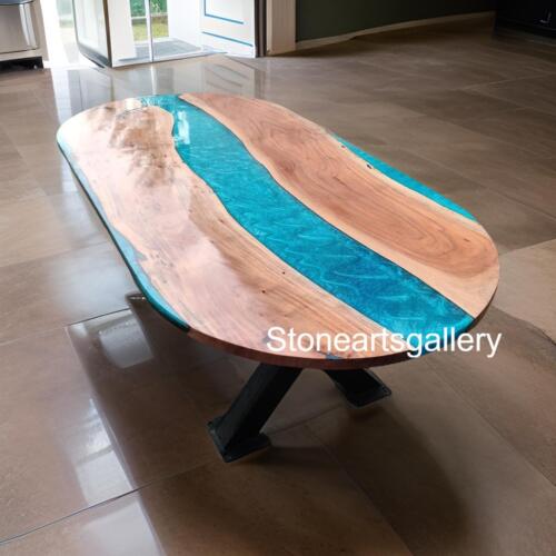 Oval Blue Epoxy Resin Sofa Dining Table Top Wooden Live Edge Kitchen Slab Decors - Picture 10 of 12