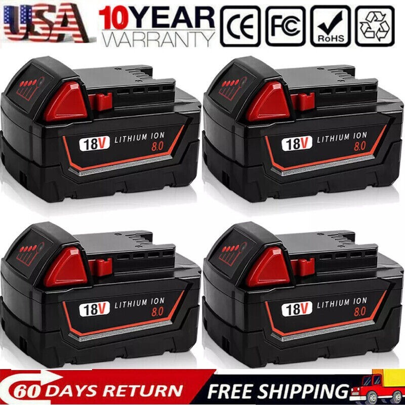 4 PACK For Milwaukee M18 Lithium 8&period;0 AH Extended Capacity Battery 48-11-1860 18V