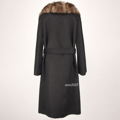 Womens Real Fox Fur Collar Long Trench Coat Double Breasted