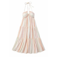 American Eagle Pastel Striped Halter Tiered Maxi Dress Womens Medium Boho Beach