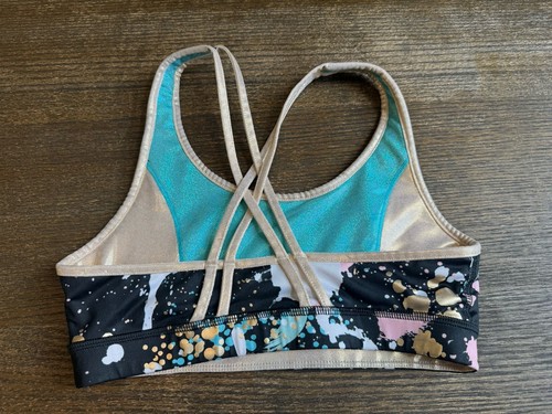 Justice Girls Reversible Gold Sports Bra Gymnastic Wear 2 Ways Size L 12/14 - Picture 2 of 6