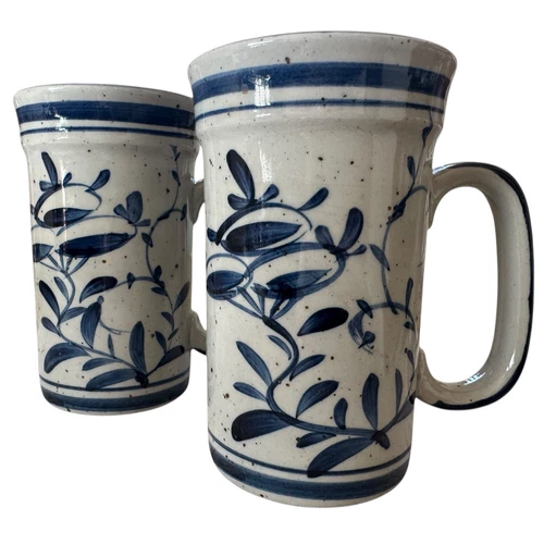Vintage Pair Otagiri Japan Mugs Blue Floral Speckled Ceramic Spring Set Thistle