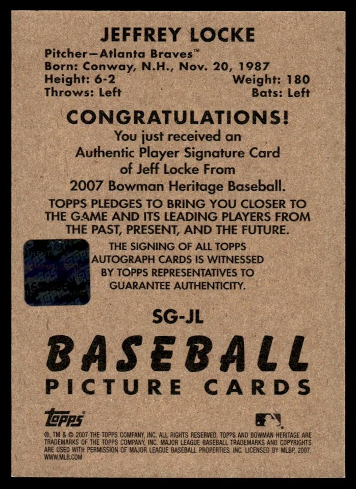 2007 Bowman Heritage Signs of Greatness Jeff Locke Auto Atlanta Braves #SG-JL - Image 2 of 2