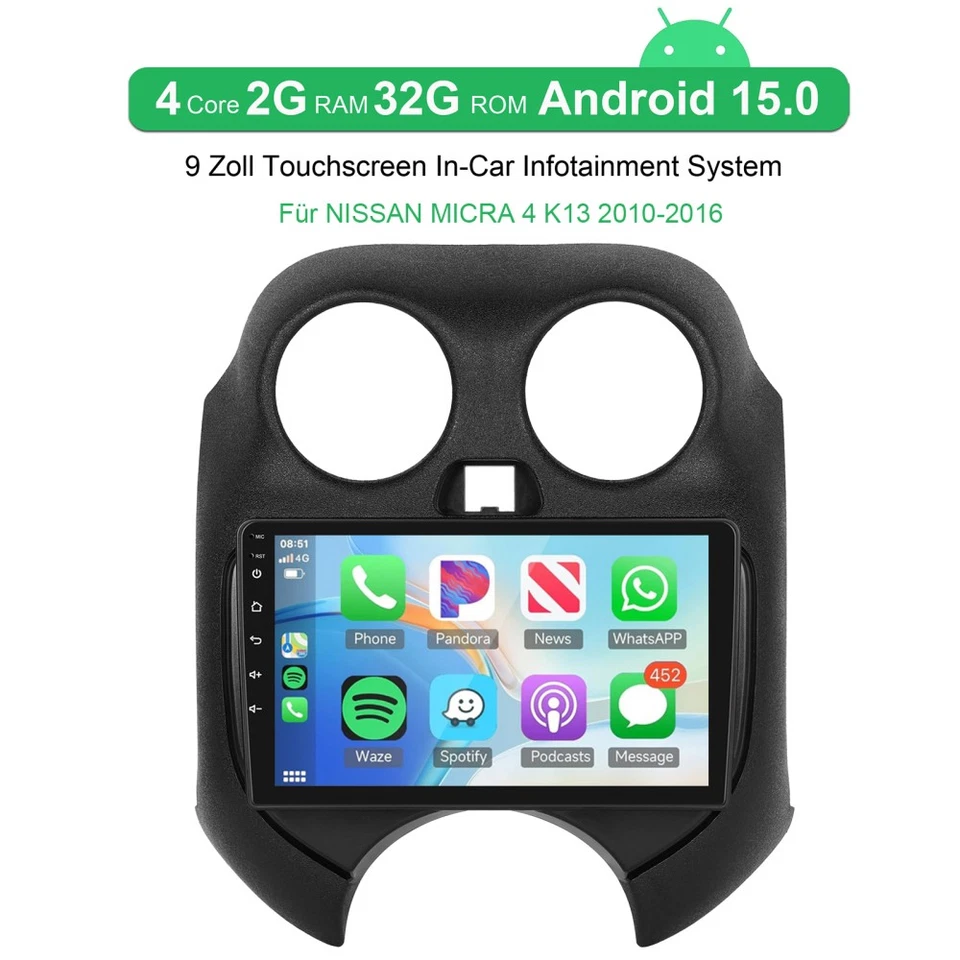 DAB+ Für NISSAN MICRA 4 K13 2010-2016 Android 15 Autoradio BT CarPlay GPS 2+32GB - Bild 3 von 4