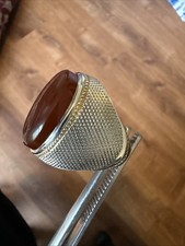 HANDMADE ENGRAVED MEN'S SILVER RING WITH LARGE RED YEMANI AQEEQ STONE         