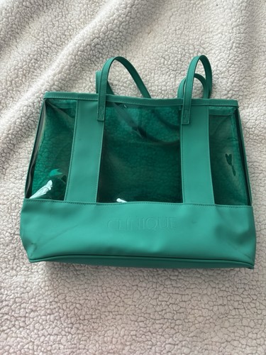 Vintage Clinique Handbag Teal Blue Clear Plastic Waterproof Makeup Outdoor Bag